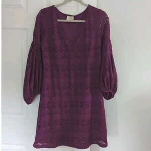 Maeve Anthropologie Purple Crochet Lace Balloon Sleeve Mini‎ Shift Dress Sz S